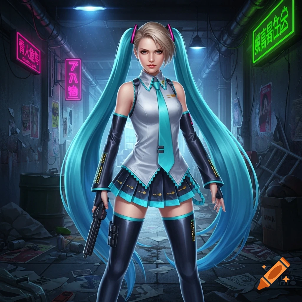 A realistic digital painting of a woman with blonde pigtails and long blue hair, dressed in a Hatsune Miku costume, holding a pistol in a dark, neon-lit alleyway.