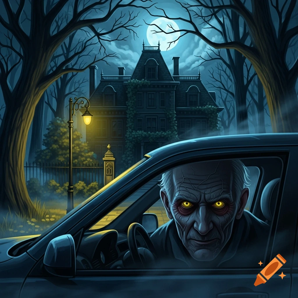 A scary old man with glowing yellow eyes peers from a car window at night, in front of a dark, overgrown mansion illuminated by a full moon and dim streetlight.
