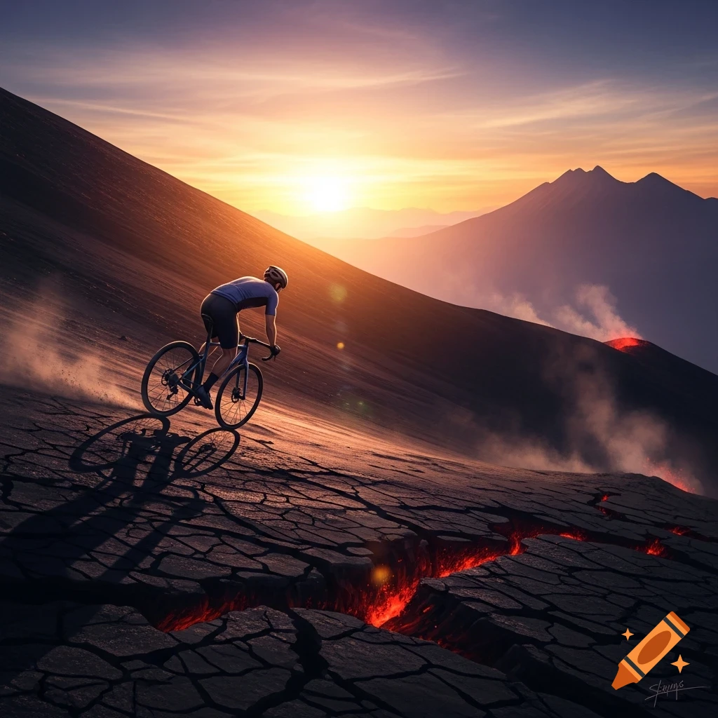 A cyclist rides down a dark, cracked volcanic slope at sunset, with glowing lava and a smoking volcano in the background.