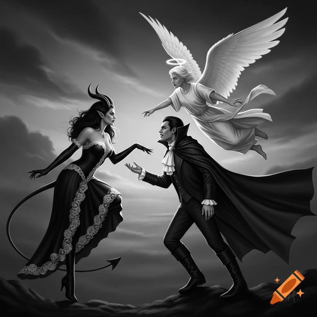 Black and white illustration of a devil and vampire reaching towards an angel floating in a cloudy sky.