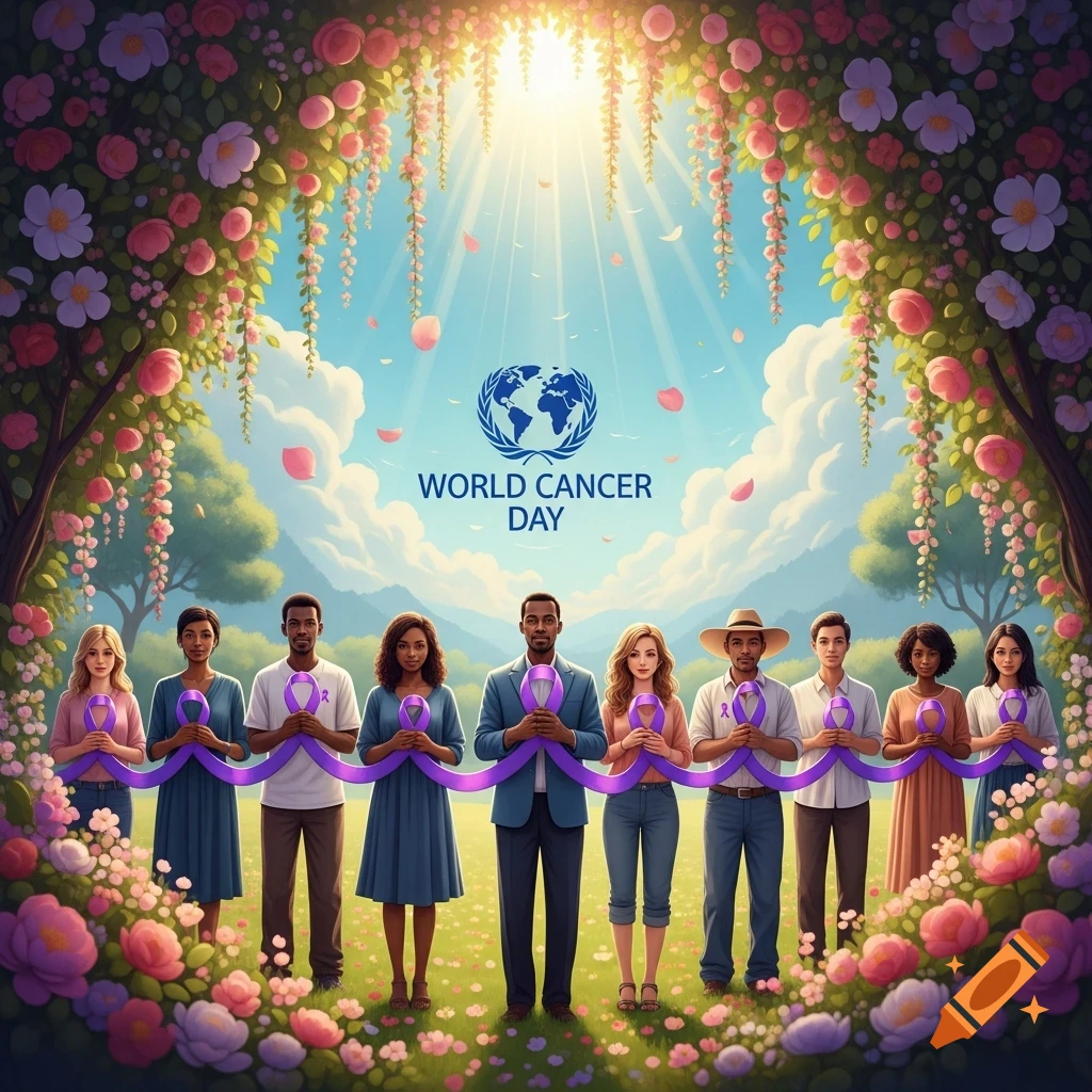 Diverse group of people holding a long purple ribbon in a field of flowers under a sunny sky, with 'WORLD CANCER DAY' and a globe logo above.