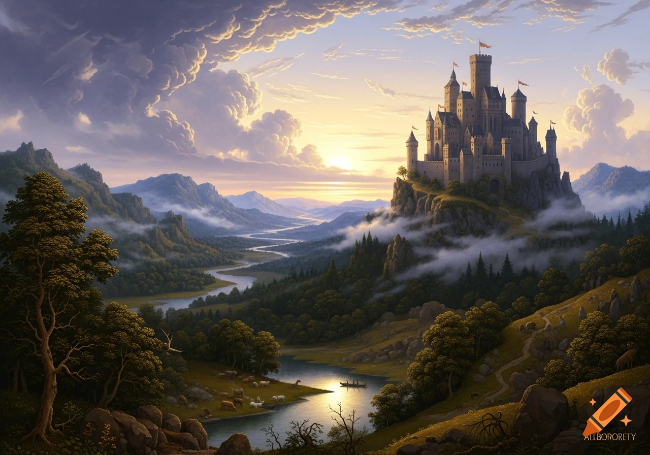 A majestic castle on a cliff overlooking a vast river valley at sunset, with mountains and forests, in a painterly style.