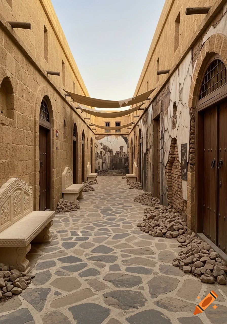 A narrow alleyway with light brown stone buildings and arched doorways, featuring cracked plaster walls, a stone-paved path, and scattered piles of rocks. Fabric shades hang overhead, leading to a mural of an old town at the far end.