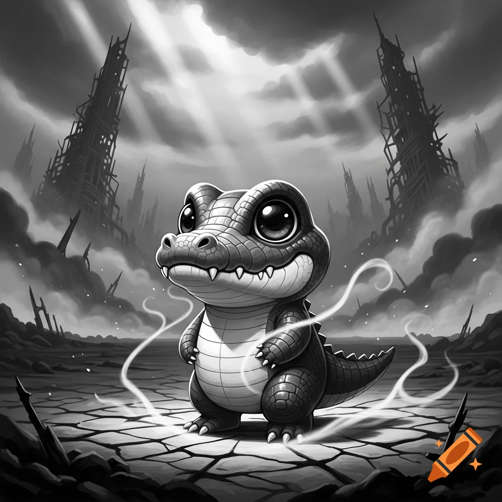 A cute, big-eyed baby crocodile stands on cracked ground in a desolate black and white post-apocalyptic landscape with ruined towers.