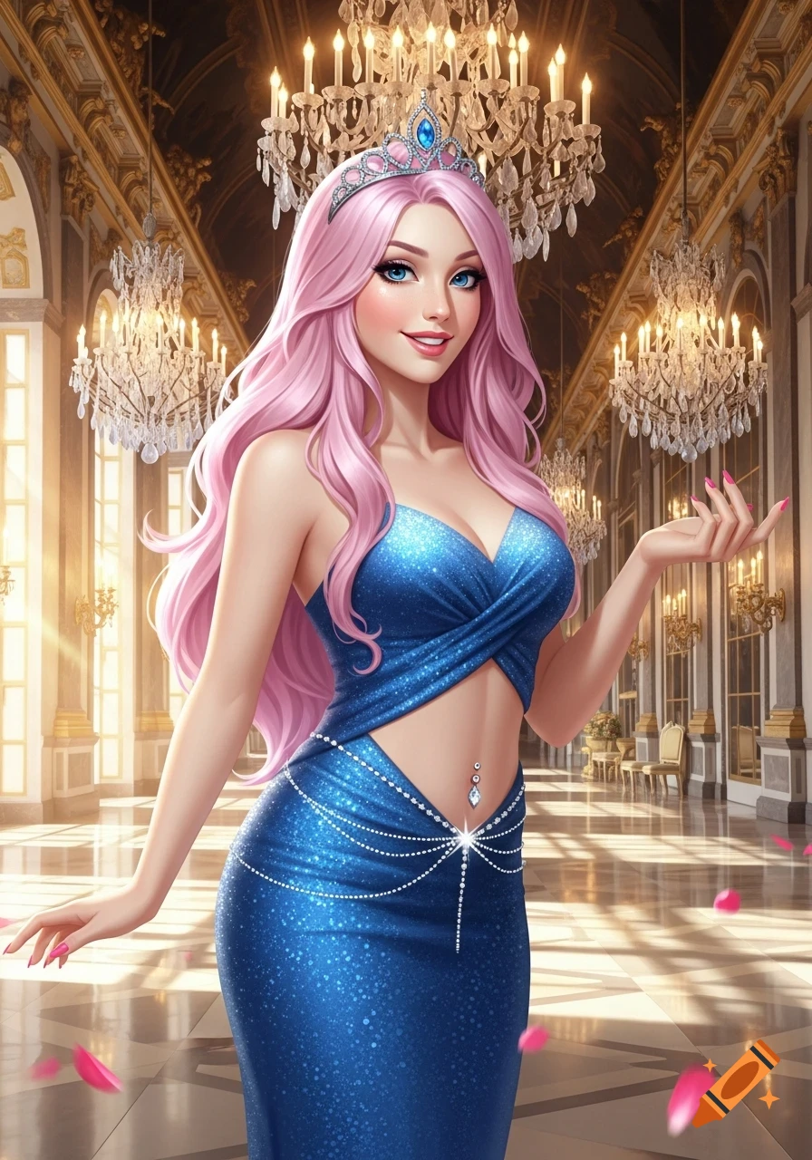 Stylized woman with long pink hair and a tiara, wearing a sparkly blue dress, smiling in a grand palace ballroom.