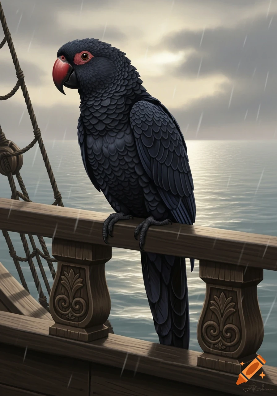 A detailed illustration of a black parrot with a red beak sitting on a pirate ship's rail during a rainy dusk over the ocean.