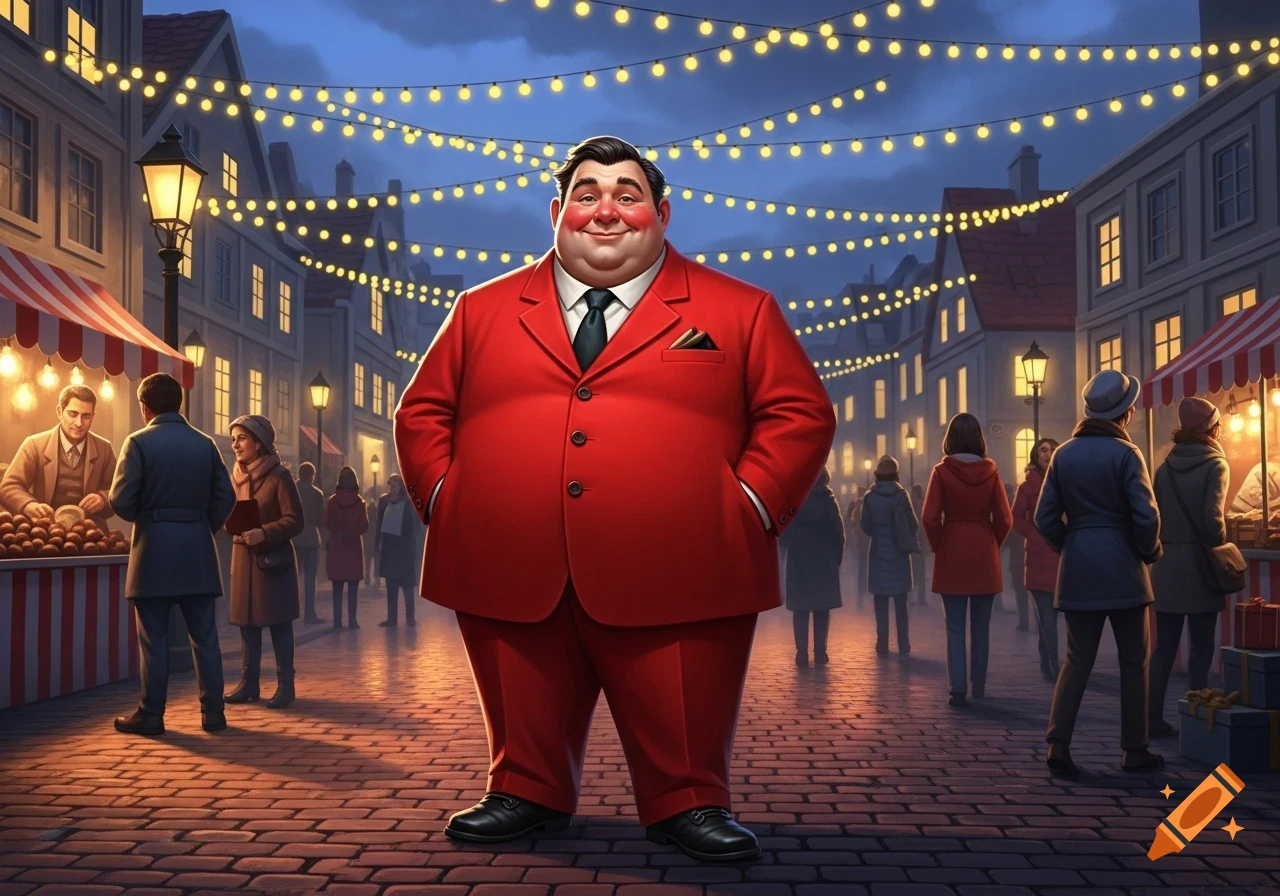 A jovial, portly man in a red suit and black tie smiles broadly in a bustling, festive market lit by string lights at night.
