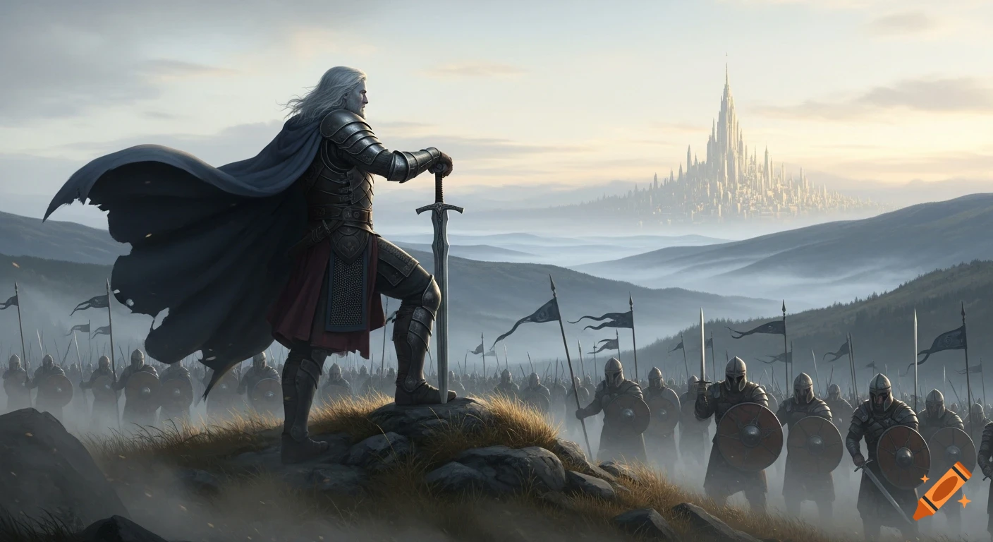 A warlord in dark armor stands on a hill overlooking his army and a distant gleaming white city in a misty, epic fantasy landscape.