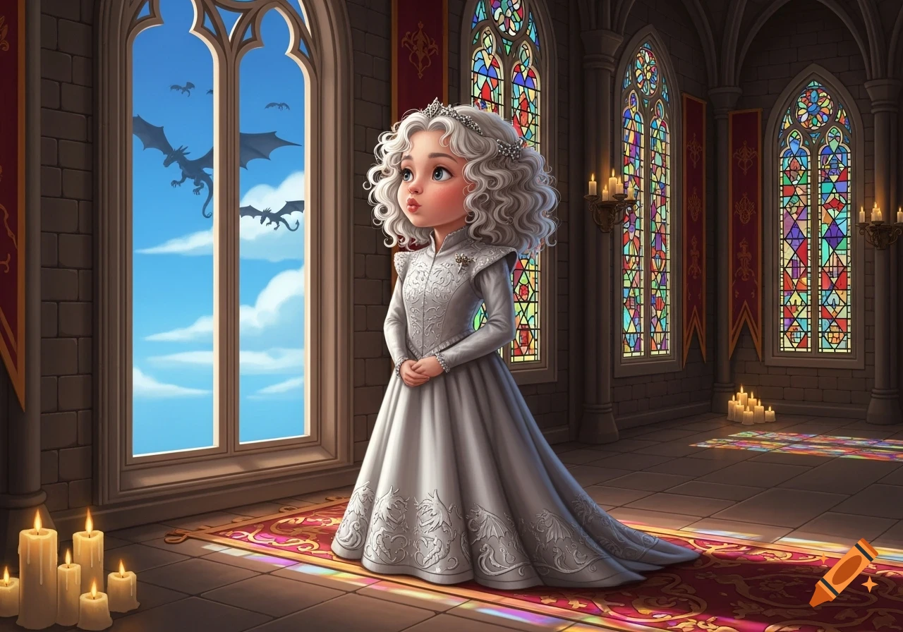 A cute, pouty princess with curly white hair in a white gown stands in a castle with stained glass windows, looking out at dragons flying in the blue sky.