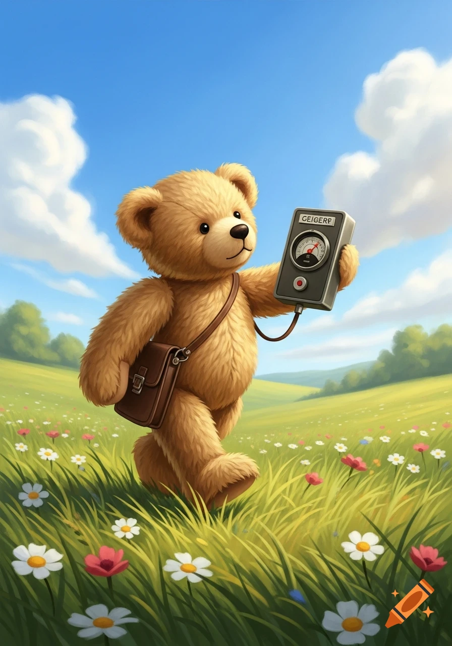 A cute teddy bear with a satchel walks through a vibrant green meadow filled with flowers, holding a Geiger counter under a bright blue sky.