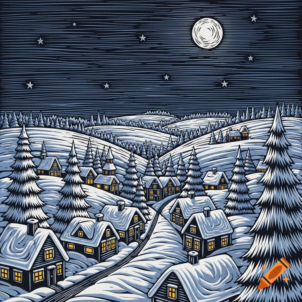 Linocut illustration of a snowy winter village with glowing windows nestled among pine trees under a dark starry sky with a full moon.