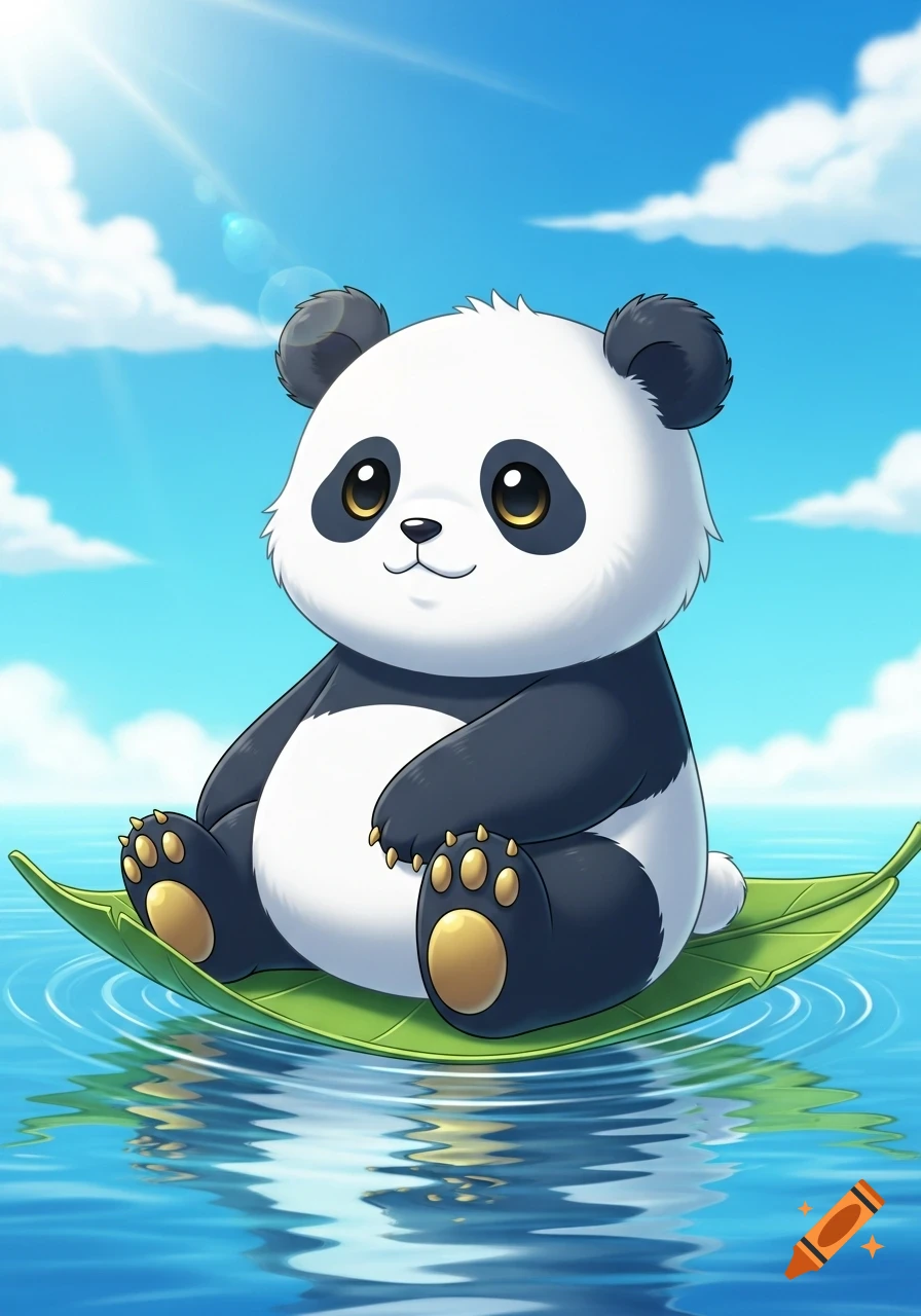 A cute anime-style cartoon panda with large eyes sits on a green leaf floating on blue water under a sunny sky.