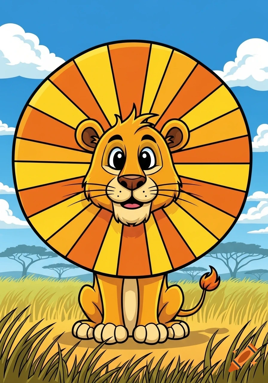 A happy cartoon lion with a large striped circular mane sits in a grassy savanna under a blue sky.