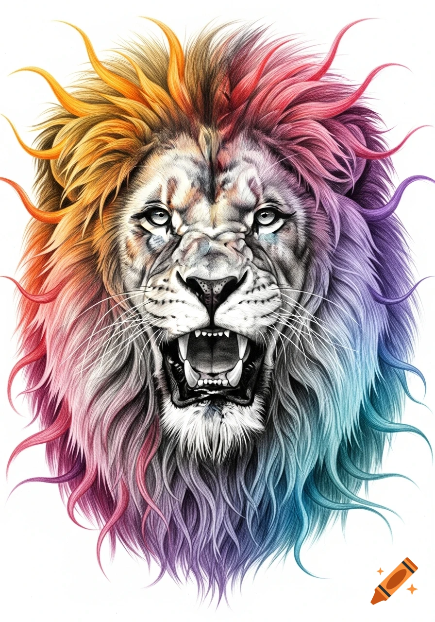 A detailed graphite pencil drawing of a roaring lion's face with a vibrant, rainbow-colored mane.