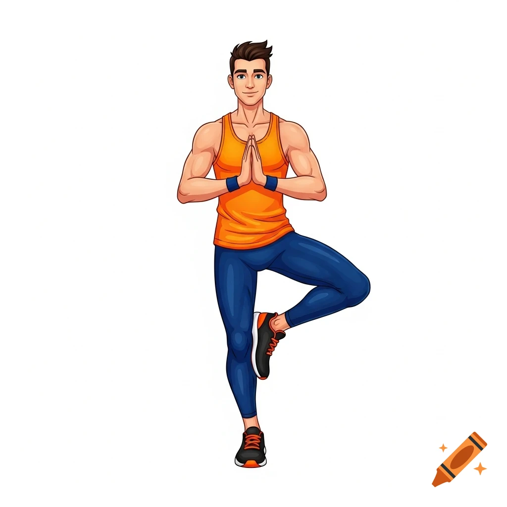 A cartoon man in an orange tank top and blue leggings performs a tree pose, standing on one leg with hands pressed together.