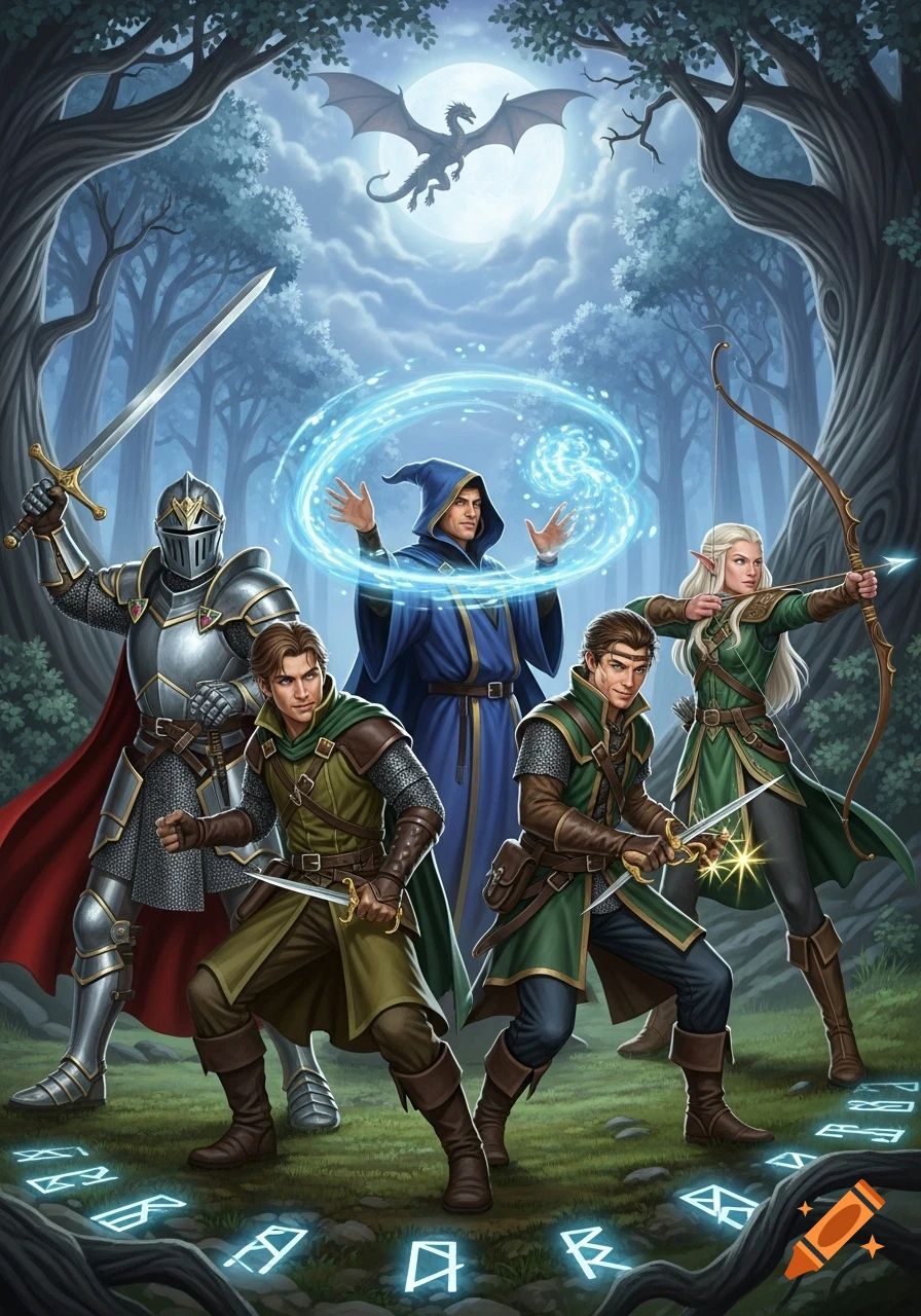 A group of five D&D style fantasy adventurers, including a knight, mage, elf archer, and two rogues, stand in a mystical forest with glowing runes. A dragon flies before a full moon.