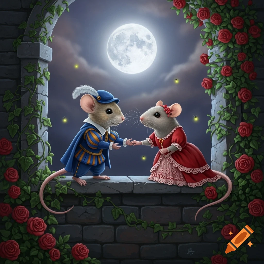 Two anthropomorphic mice in elegant blue and red costumes hold hands on a stone wall with red roses and ivy, under a bright full moon.