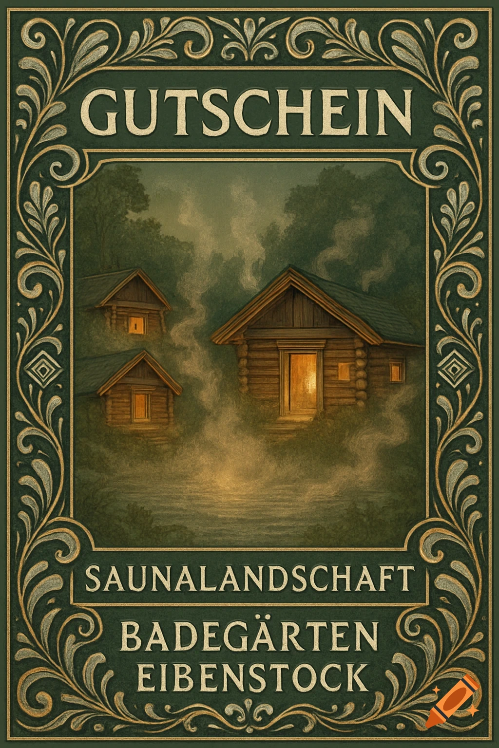 A decorative green voucher with an ornate gold border, featuring log cabins in a misty forest. Text reads 'GUTSCHEIN SAUNALANDSCHAFT BADEGÄRTEN EIBENSTOCK'.