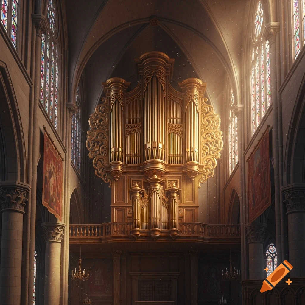 A grand, ornate golden pipe organ bathed in sunbeams within a Gothic cathedral, featuring stained glass windows.