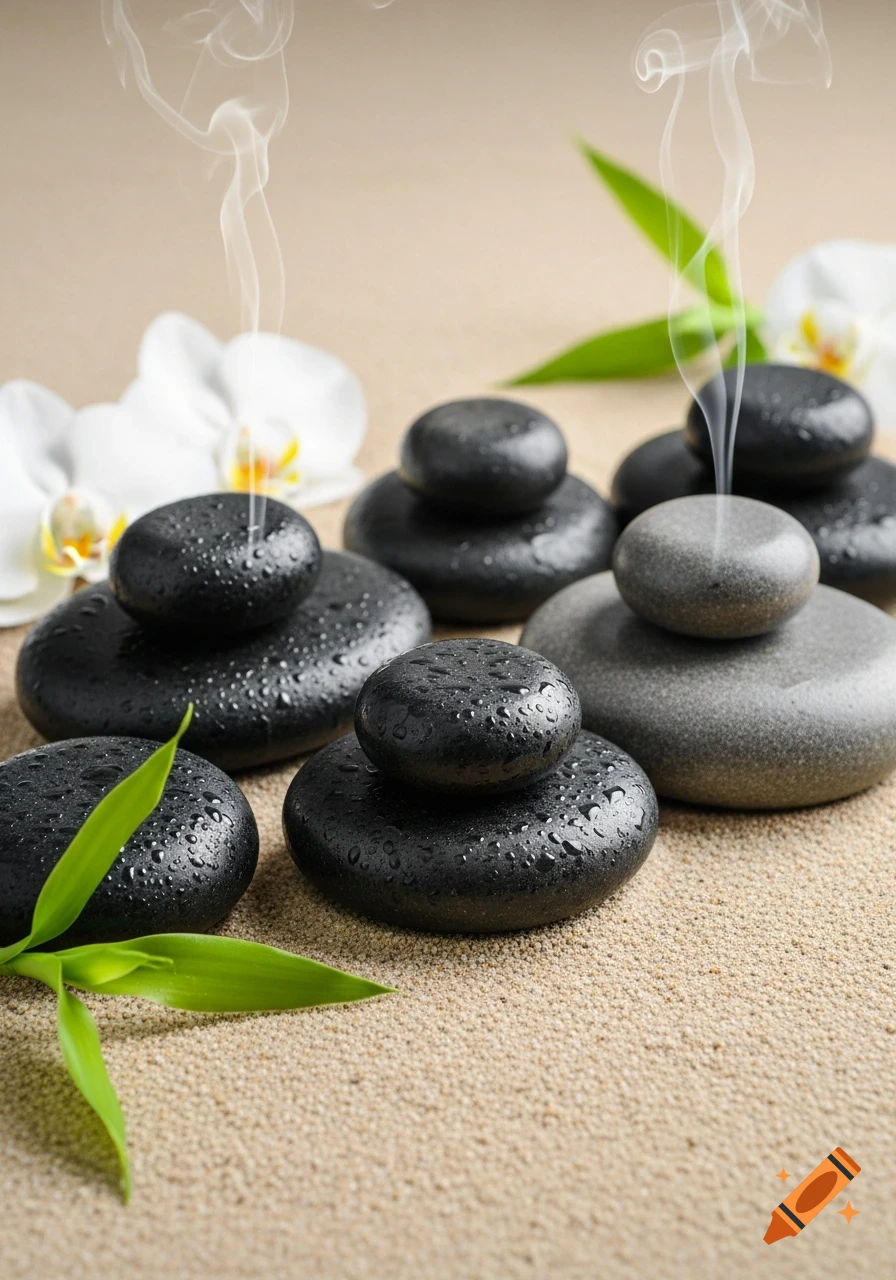 Smooth wet massage stones stacked on sand with white orchids, green bamboo leaves, and wisps of smoke.