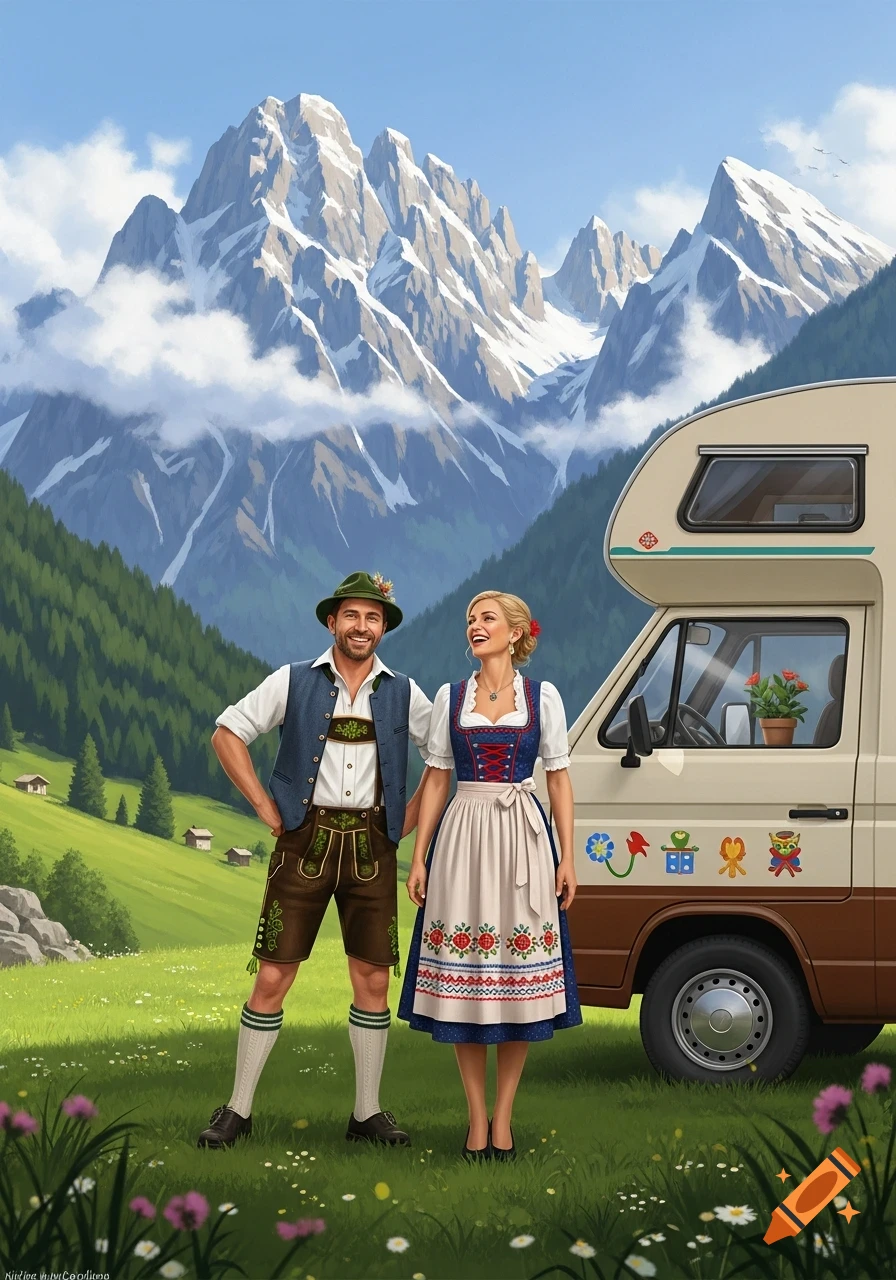 An illustrated man in Lederhosen and a woman in a Dirndl stand by a camper van in a grassy field with snow-capped mountains.