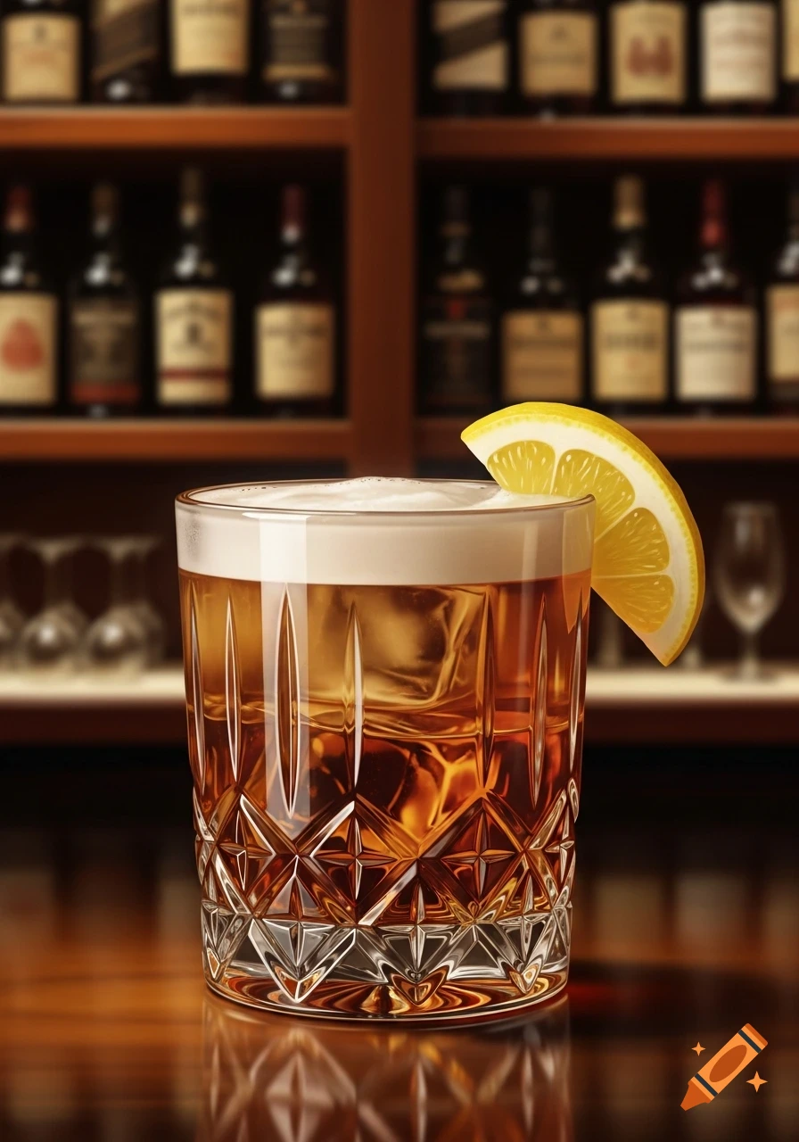 A whiskey sour cocktail in a cut glass with a lemon wedge, sitting on a bar counter with blurred liquor bottles in the background.