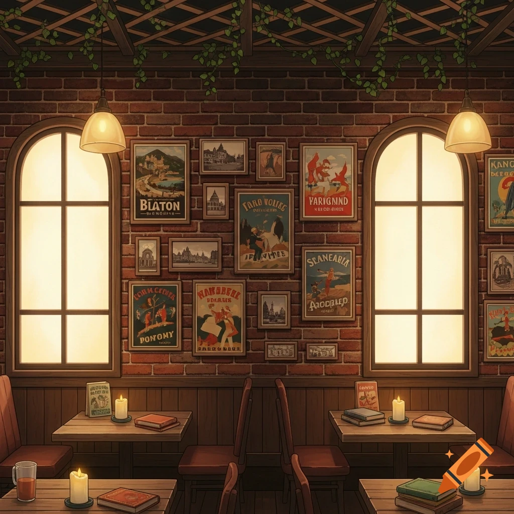 A cozy cafe interior featuring brick walls adorned with many framed posters, two arched windows, wooden tables, and chairs. Candles light the tables.
