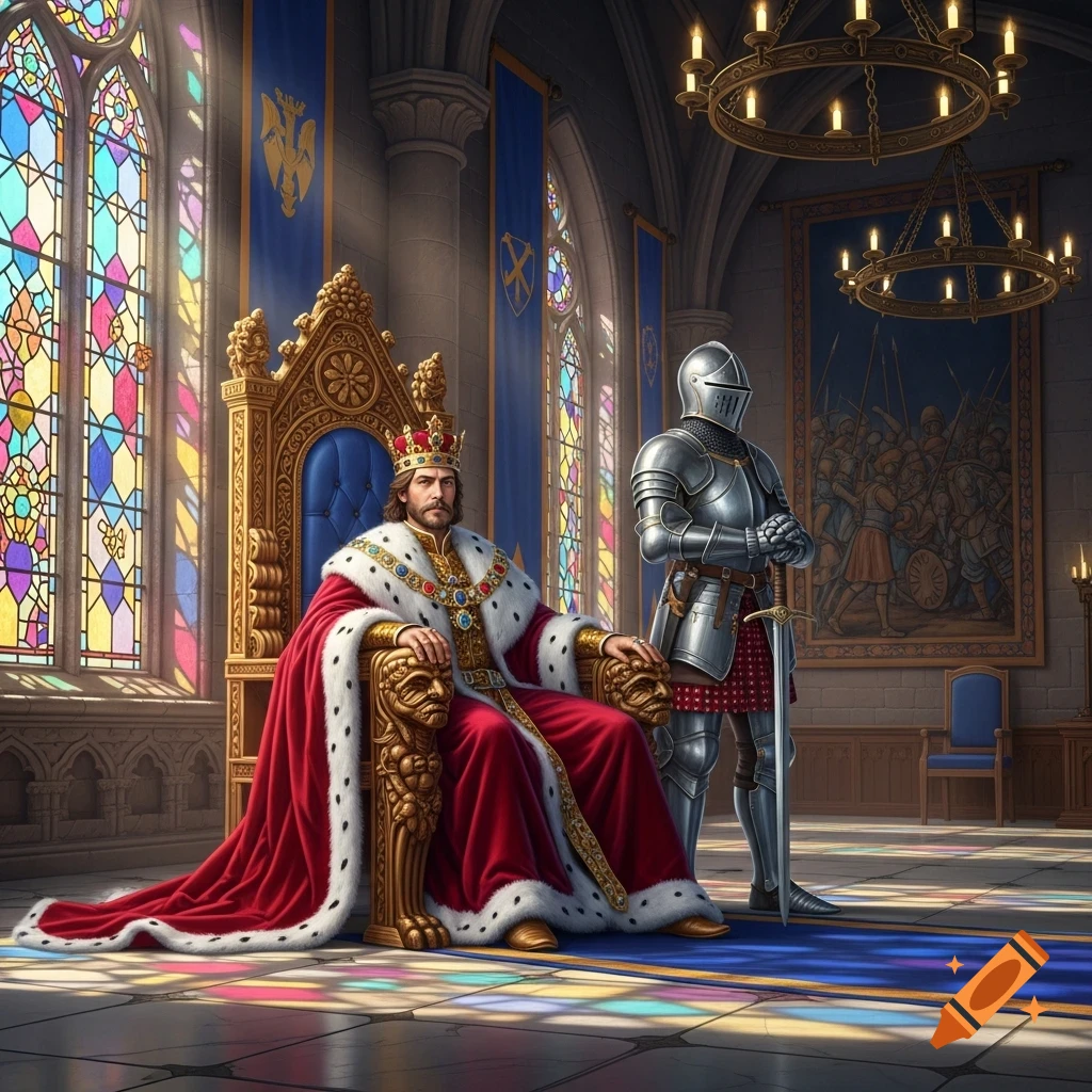 A king in a red and gold robe sits on an ornate golden throne, accompanied by a knight in full plate armor in a grand hall.