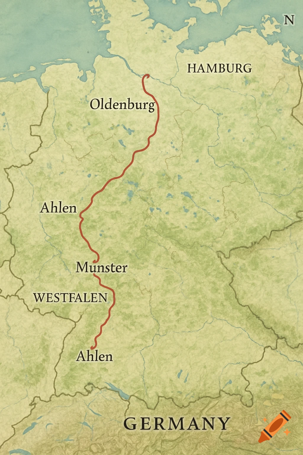 A map of Germany highlighting a red route from Ahlen in Westphalia, through Munster and Oldenburg, to Hamburg, with city and country names.