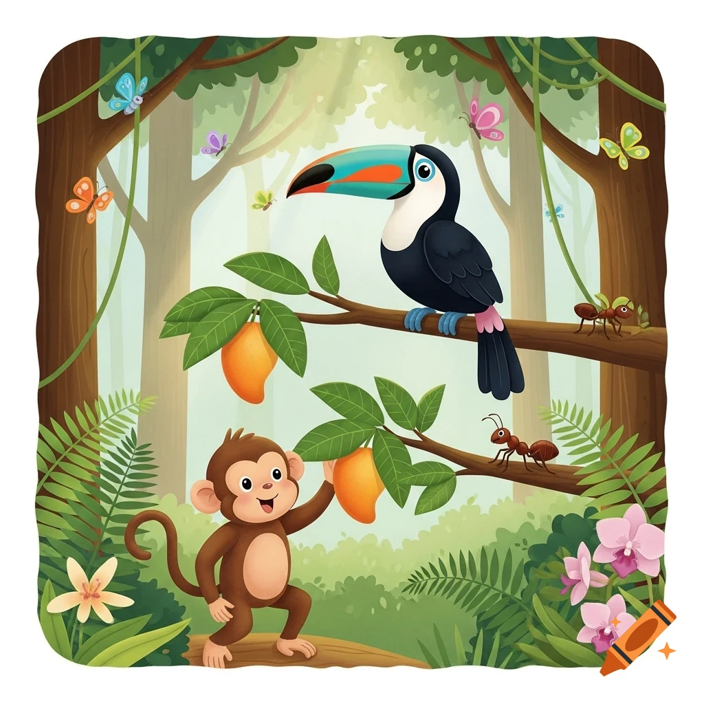 A cartoon monkey reaches for a mango while a toucan perches on a branch in a vibrant rainforest with butterflies and ants.