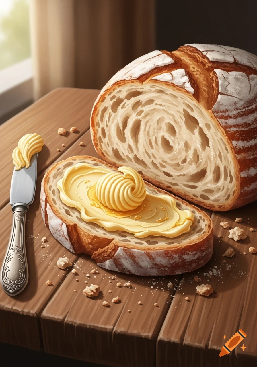 A rustic loaf of bread and a buttered slice with a knife on a wooden table.