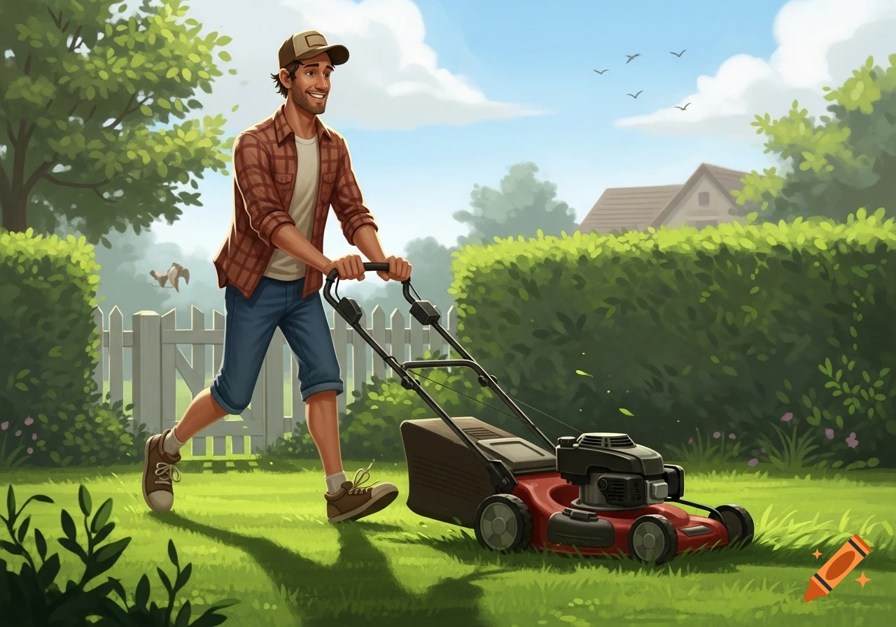 A smiling man in a baseball cap pushes a red lawnmower across a green lawn on a sunny day, an illustration.