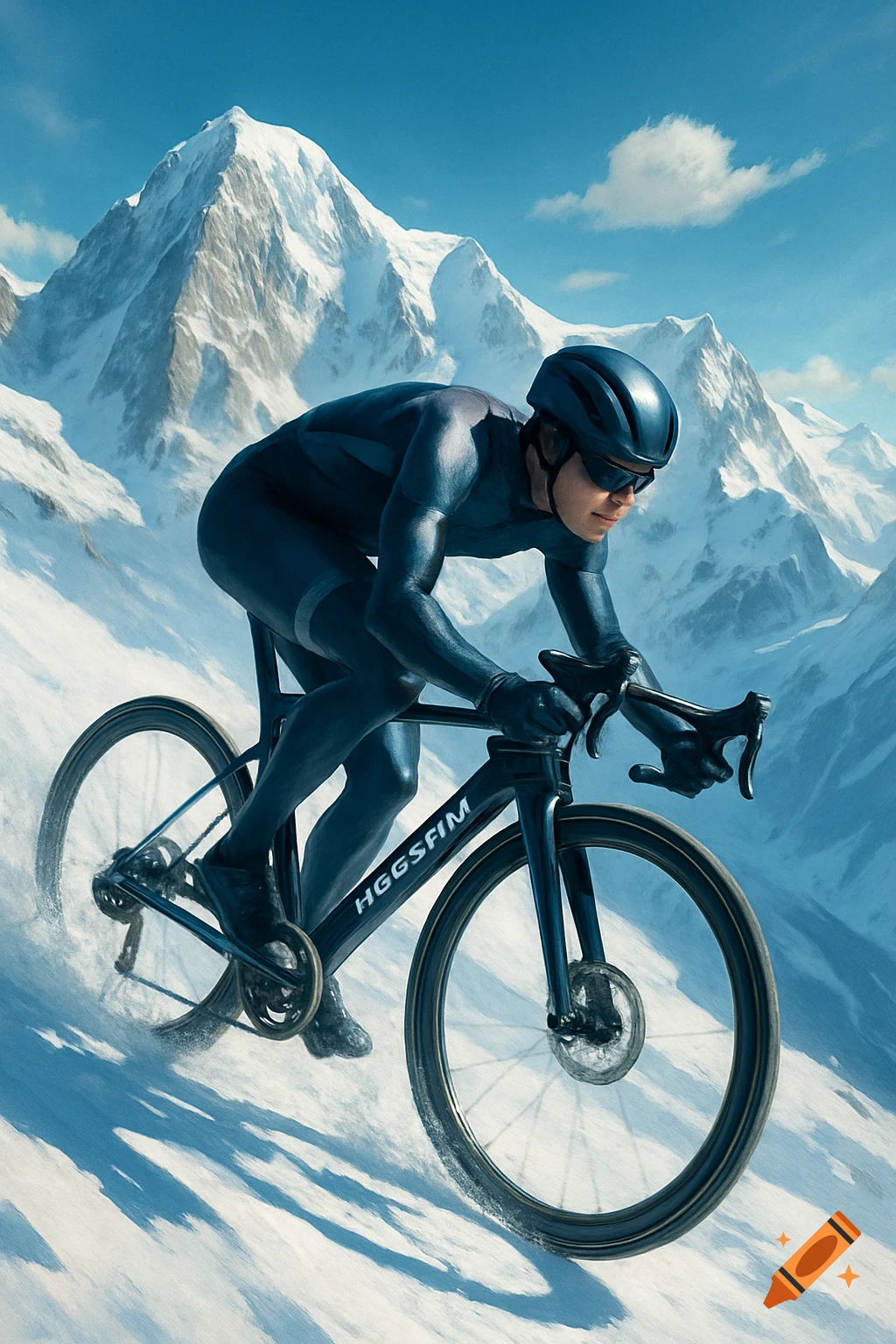A male cyclist in a dark suit rides a bicycle down a snowy mountain slope under a blue sky.