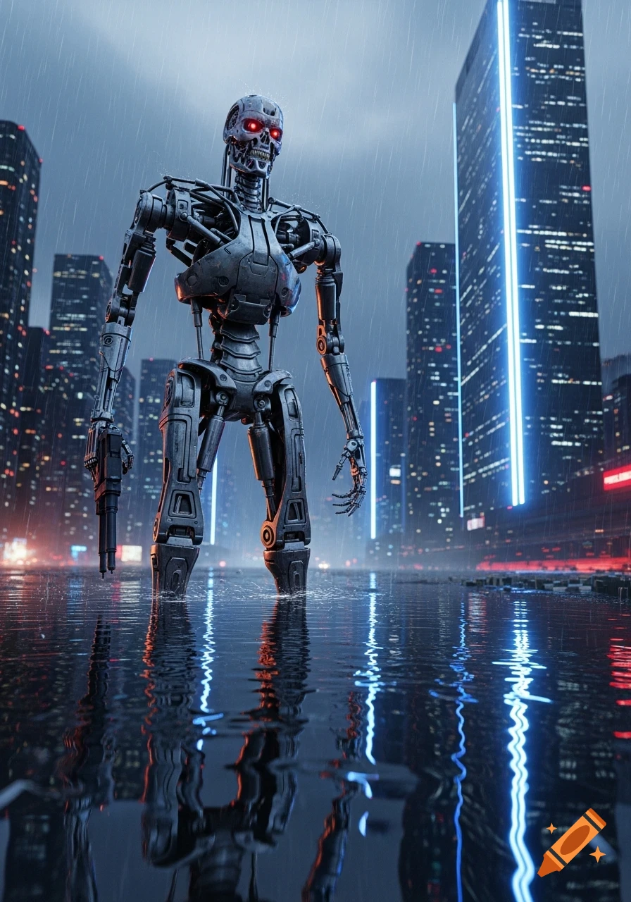 A metallic, skeletal robot with glowing red eyes and a gun stands in a giant puddle, reflecting neon-lit skyscrapers in a rainy futuristic city.