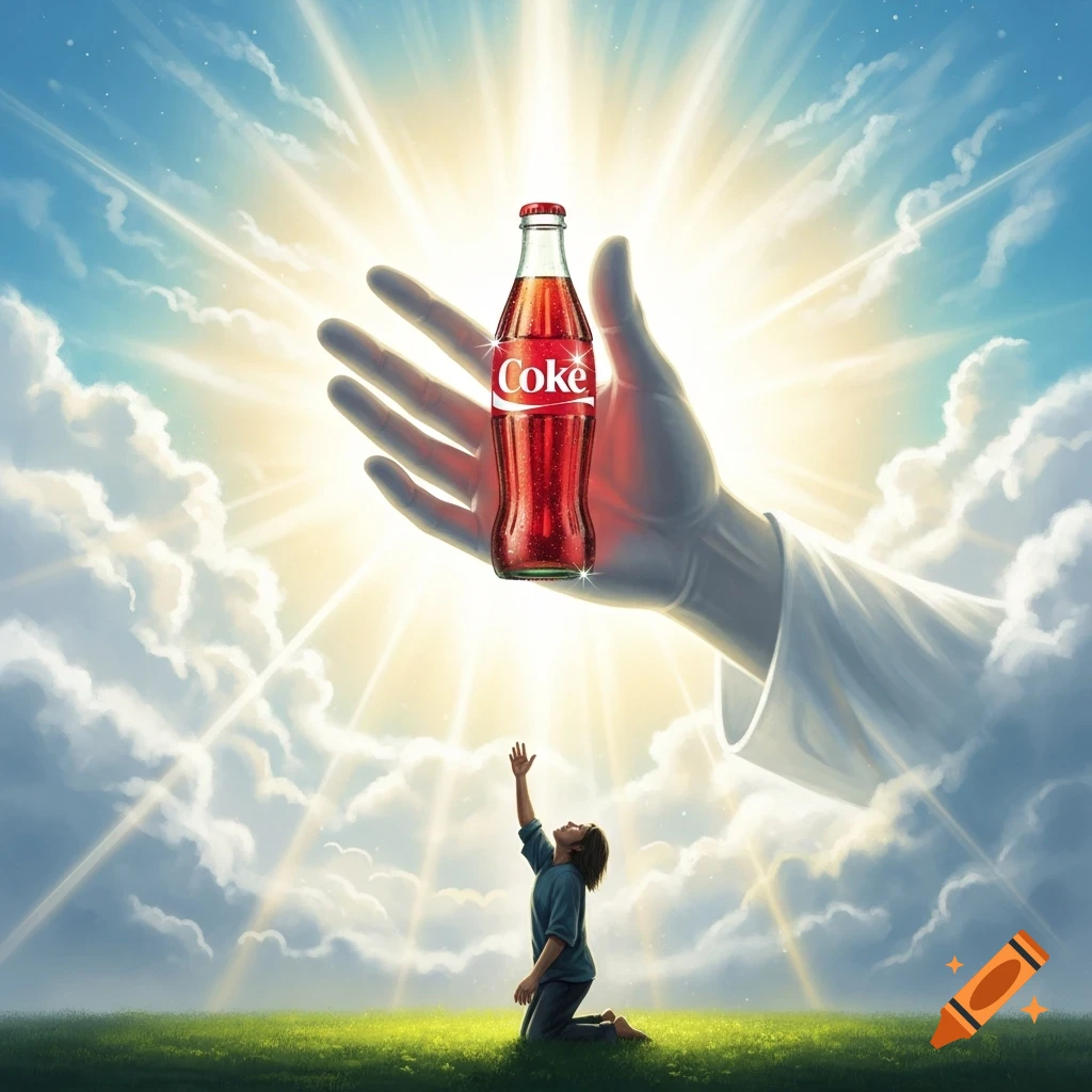 A divine hand reaches from a bright, cloudy sky, offering a Coke bottle to a kneeling person on a green field.