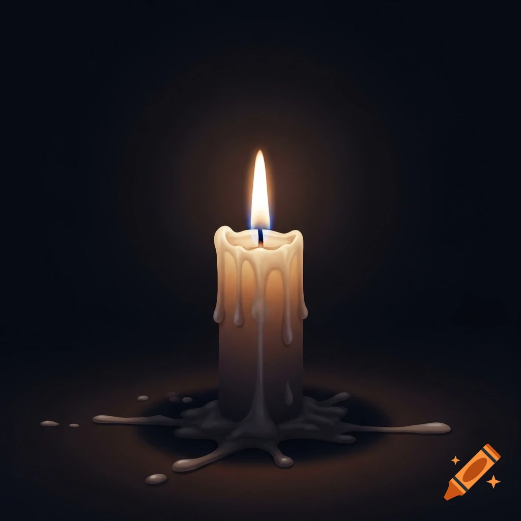 An illustrated burning candle with melted wax drips against a dark background.