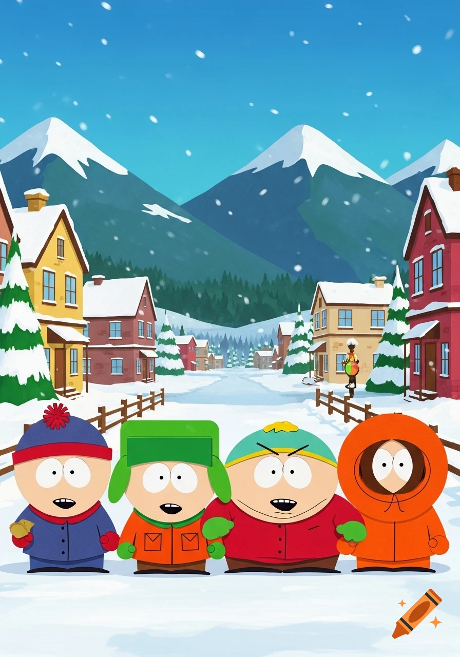The main characters from South Park, Stan, Kyle, Cartman, and Kenny, stand in a snowy town with mountains in the background under falling snow.