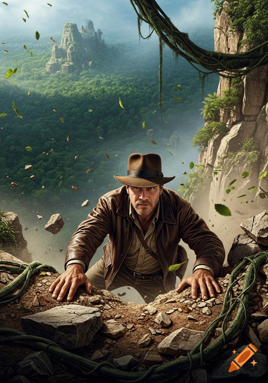 Photorealistic Indiana Jones struggles up a rocky jungle incline as leaves and rocks fall, ancient ruins in the misty background.