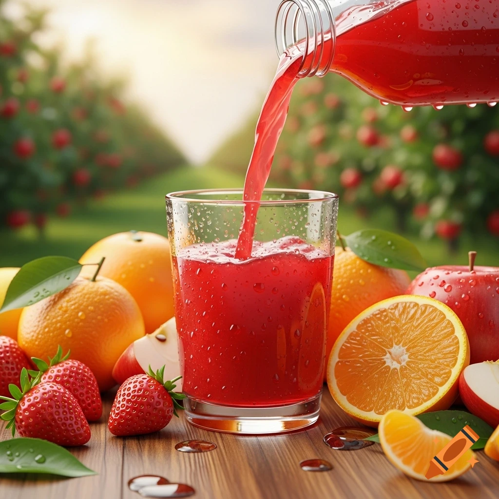 Red fruit juice poured into a glass, surrounded by fresh strawberries, oranges, and apples on a wooden table in an orchard, photorealistic.