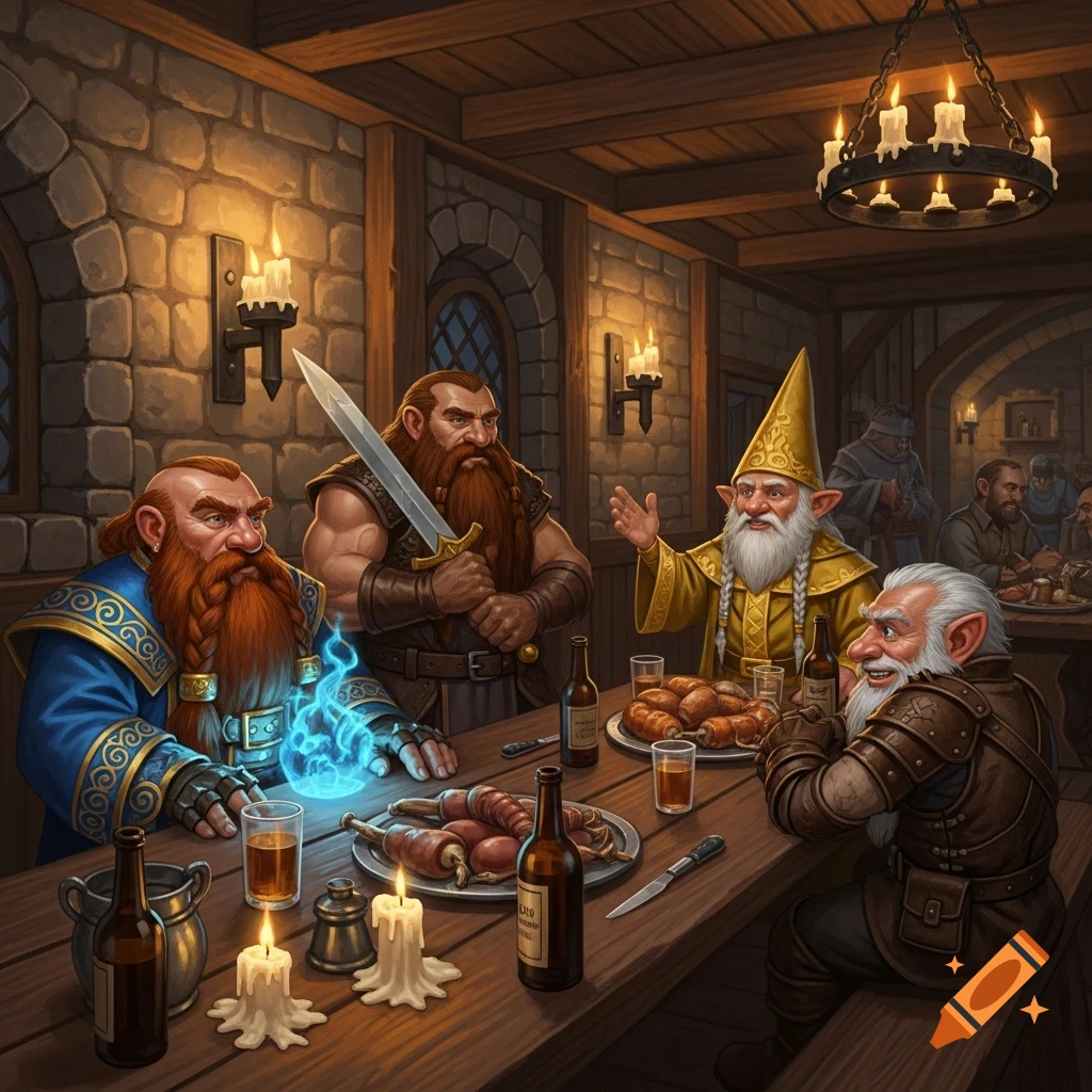 Four fantasy dwarves and gnomes with beards and hats gather at a wooden tavern table, with one casting blue magic and another holding a sword.