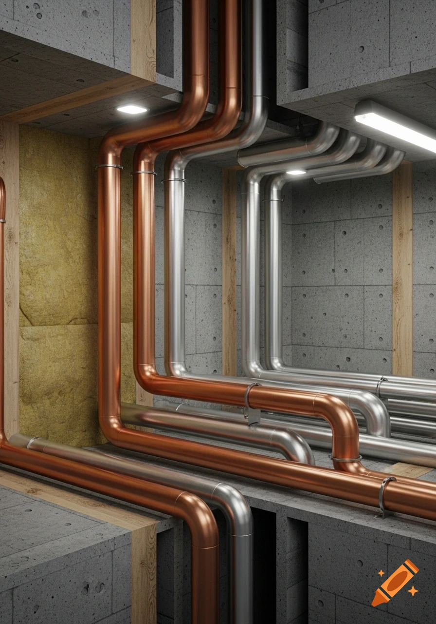 Photorealistic image of copper and silver pipes, part of a building's infrastructure, running through concrete and wood.