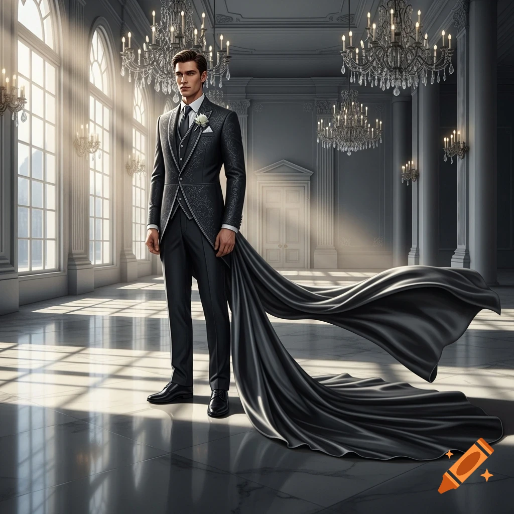 A man in a dark, patterned wedding suit with a long train stands in a sunlit grand hall.