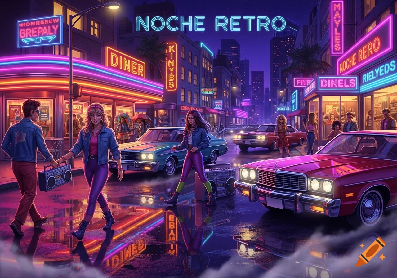 People in 80s retro fashion walk down a neon-lit city street at night, with classic cars and vibrant reflections.