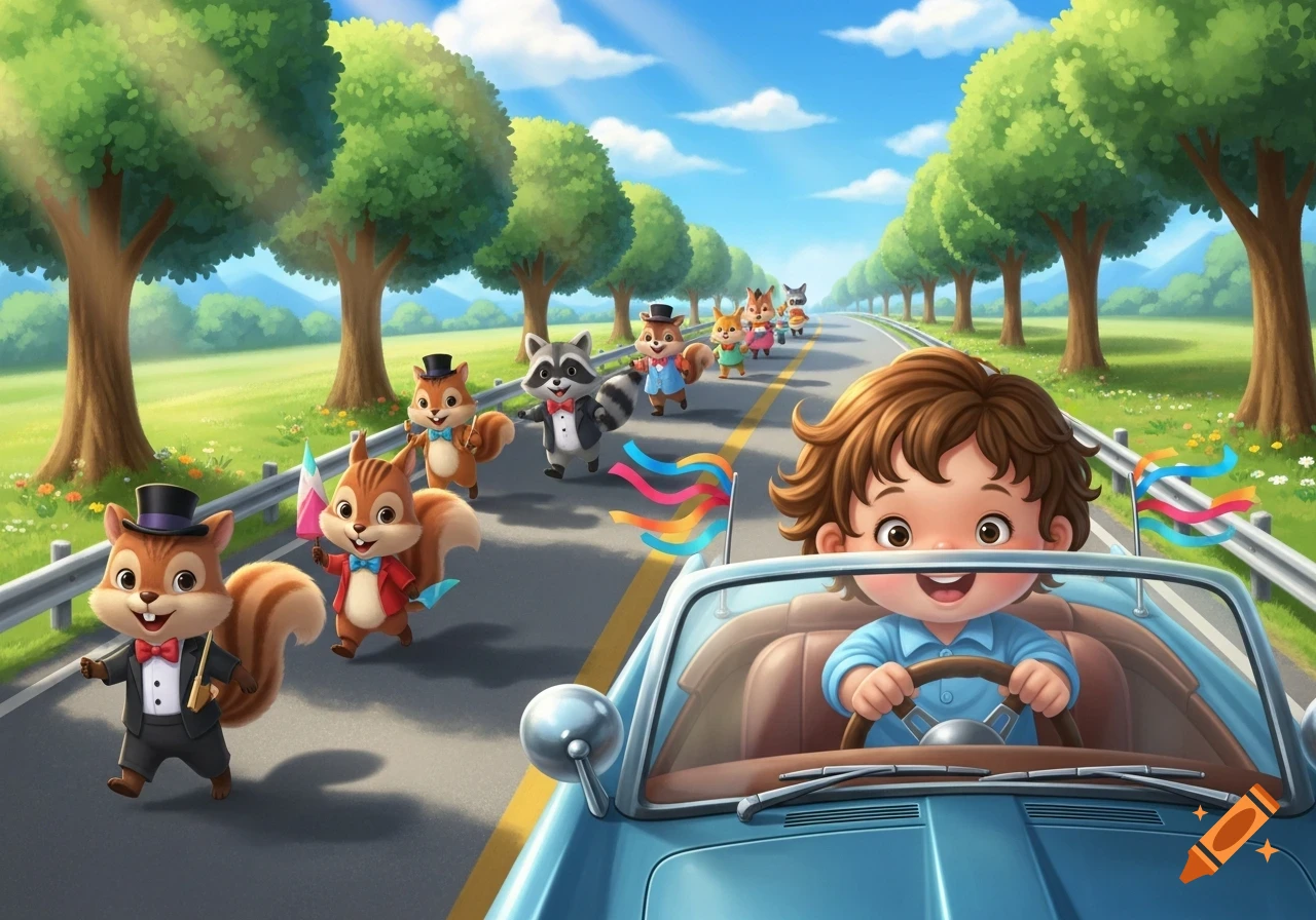 A smiling cartoon child drives a blue convertible on a sunny road, with a parade of cartoon animals.