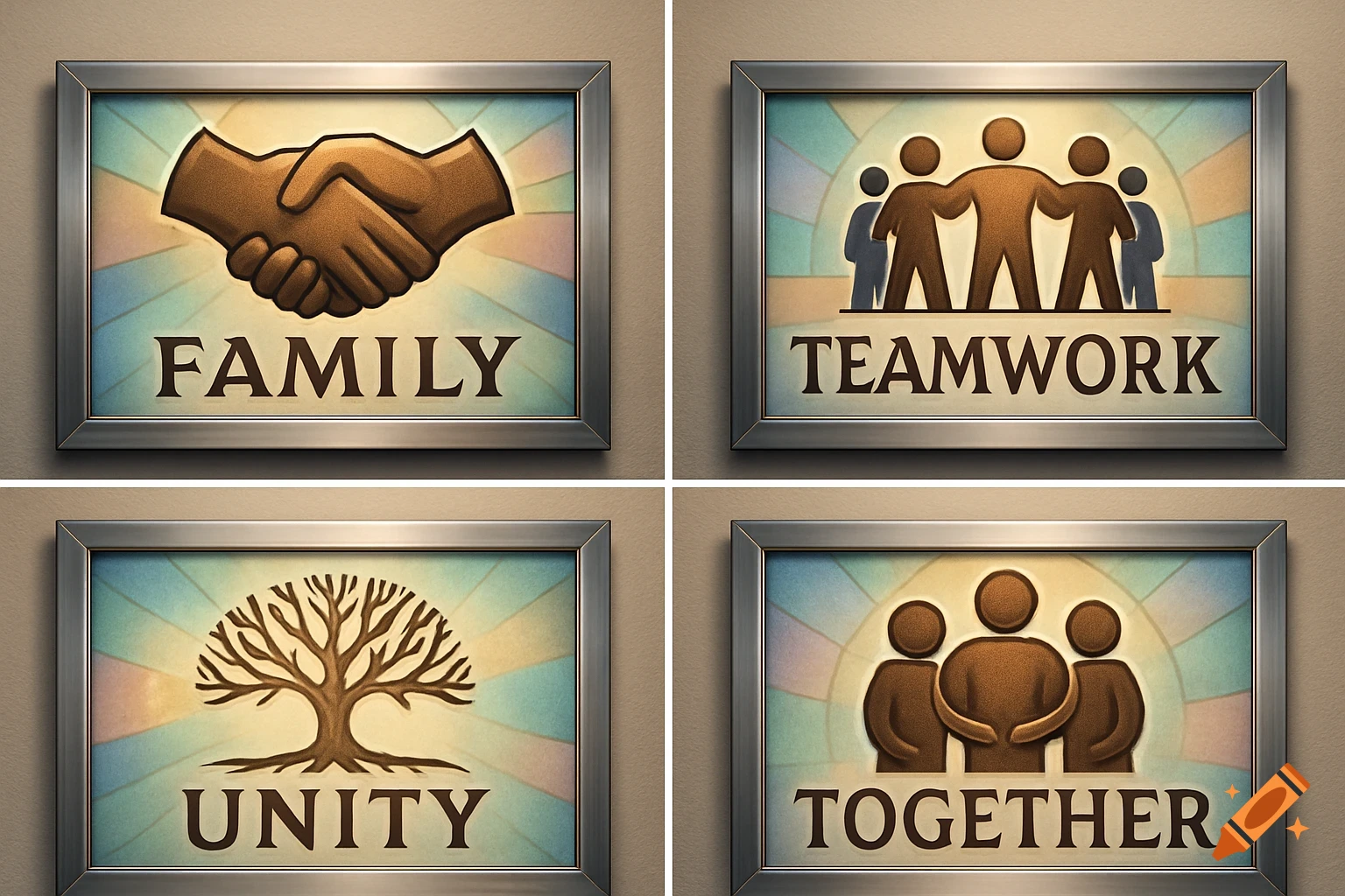 Four framed illustrative signs: shaking hands with 'FAMILY', five figures with 'TEAMWORK', a tree with 'UNITY', and three figures with 'TOGETHER'.