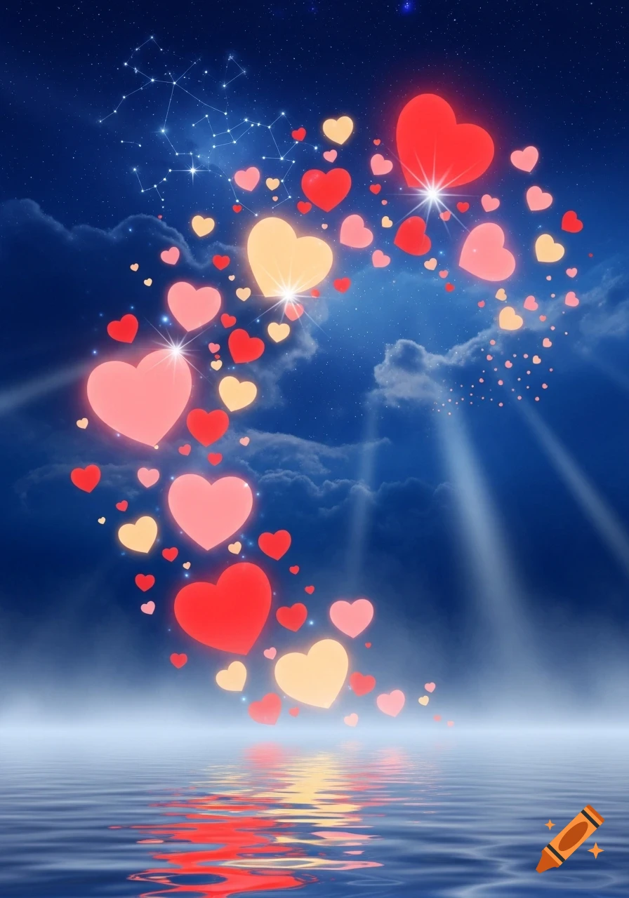 Vibrant glowing red, pink, and yellow hearts float from shimmering water into a starry night sky with constellations.