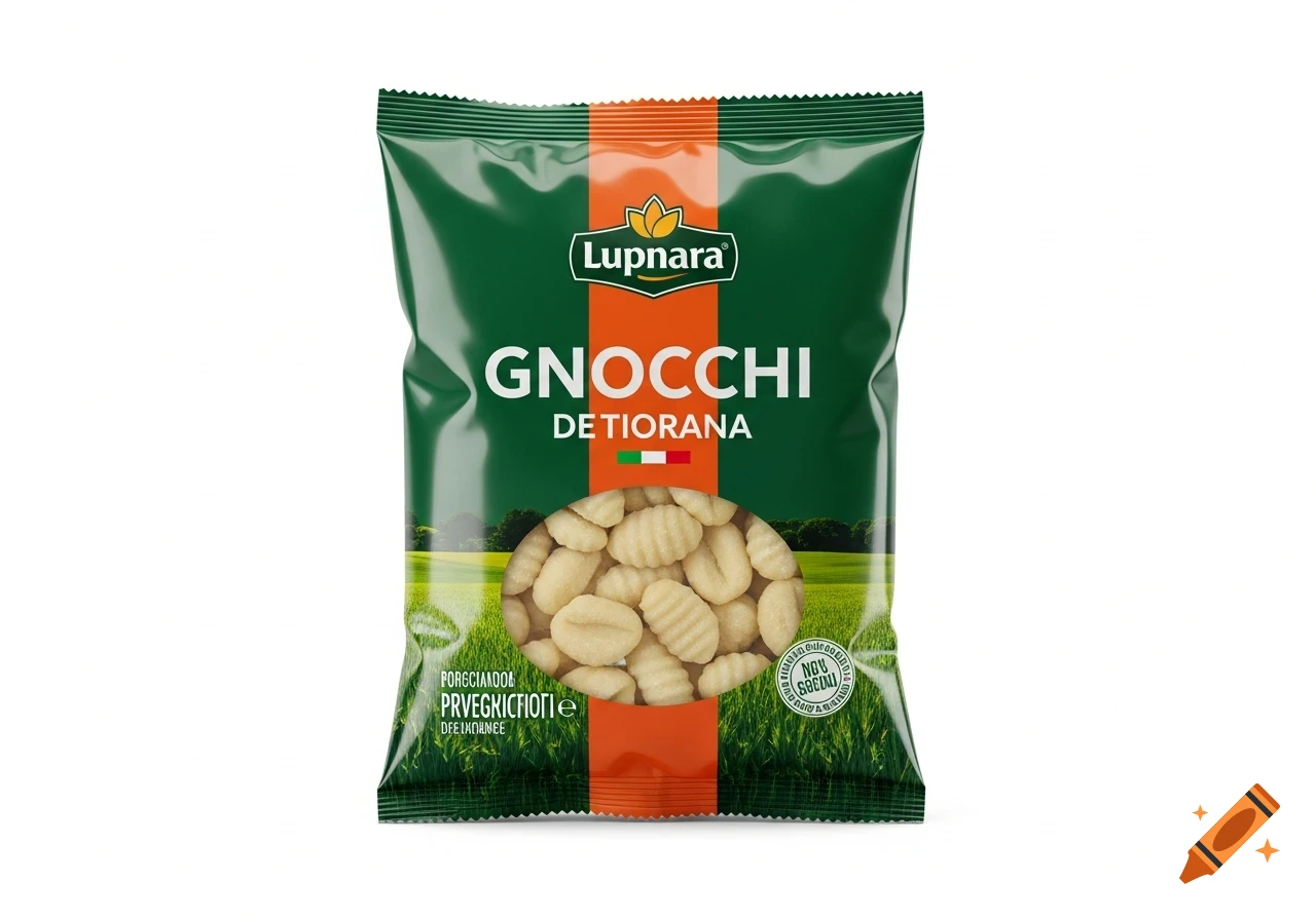 A green and orange packet of Lupnara Gnocchi, with a clear window showing the gnocchi, against a green field background.