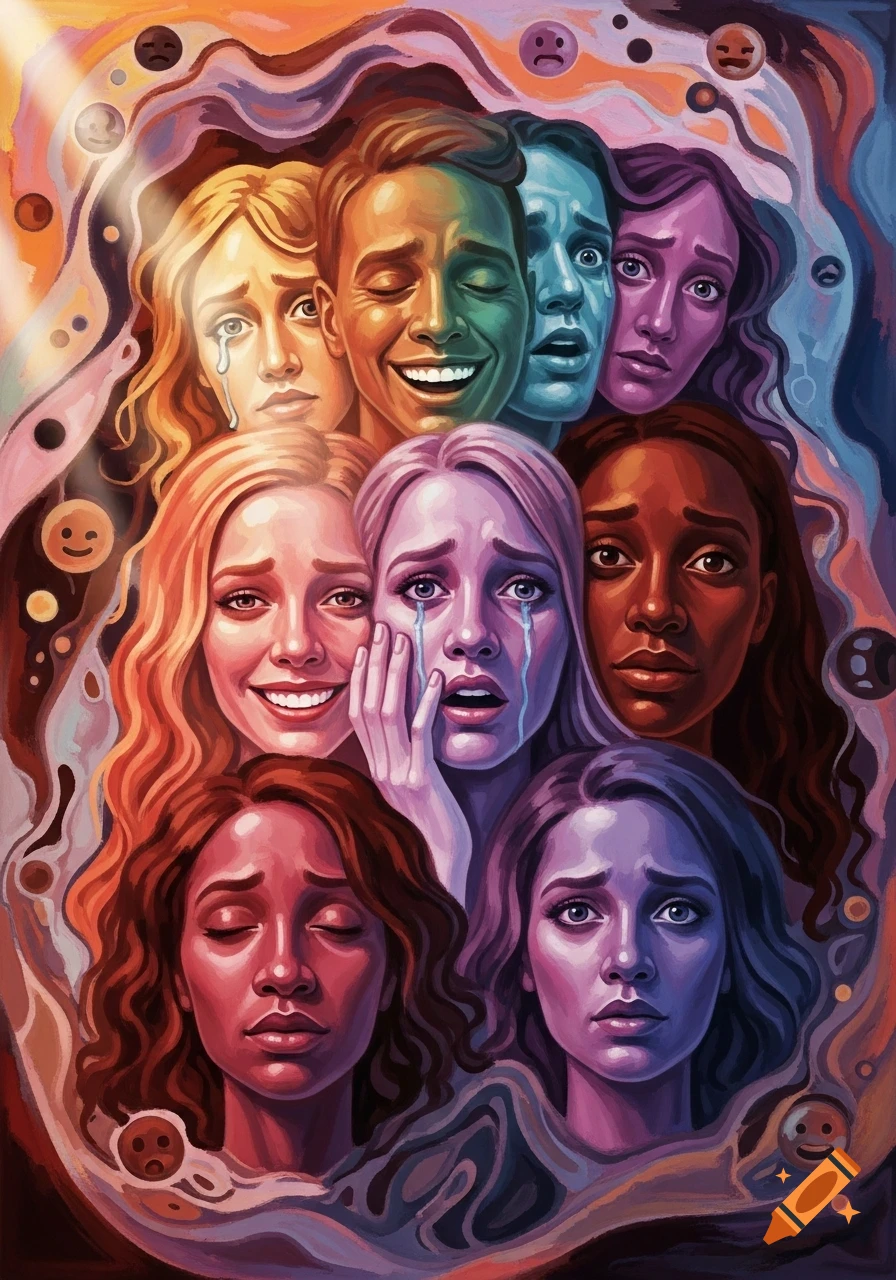 A vibrant, painterly artwork features a cluster of diverse faces expressing a range of emotions, from joy to sadness, set against a swirling, colorful background with emoji-like symbols.