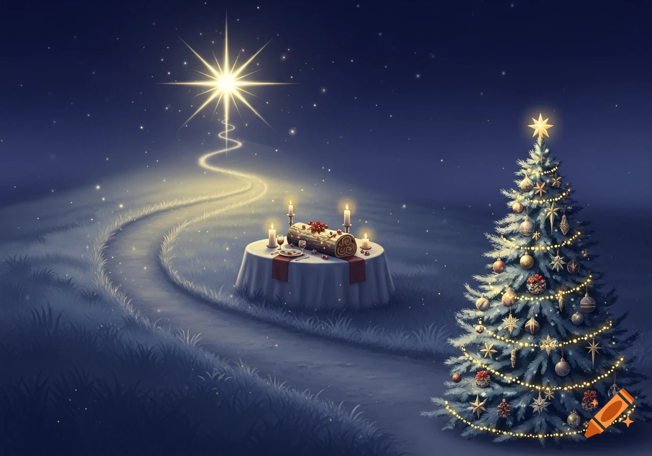 A magical starry night scene with a bright Christmas star, a winding path, a candlelit table with a yule log, and a decorated Christmas tree.