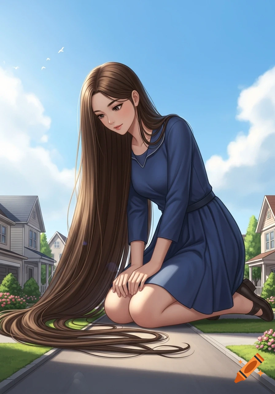 Anime illustration of a giantess teenage girl with extremely long brown hair, kneeling on a suburban street among houses.